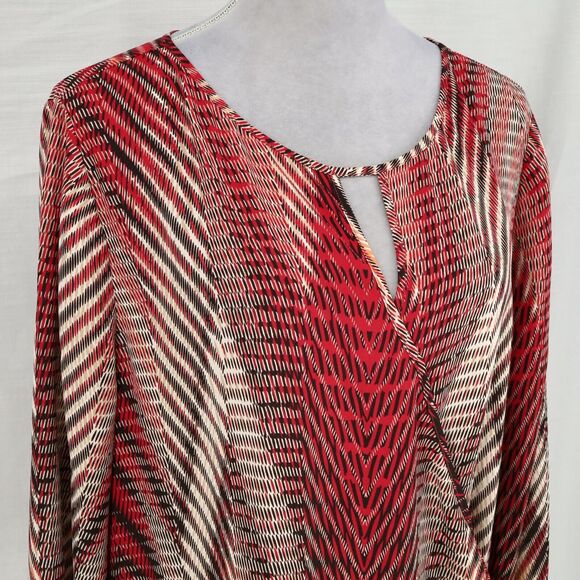 Chicos Top 3 Womens XL 16 Red Beige Faux Wrap Crinkle Bubble Hem Blouse - Picture 6 of 11